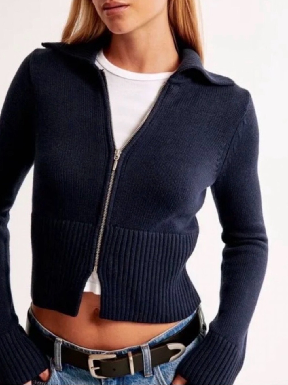 Abercrombie & Fitch Navy Zip-Up Ribbed Collar Sweater
